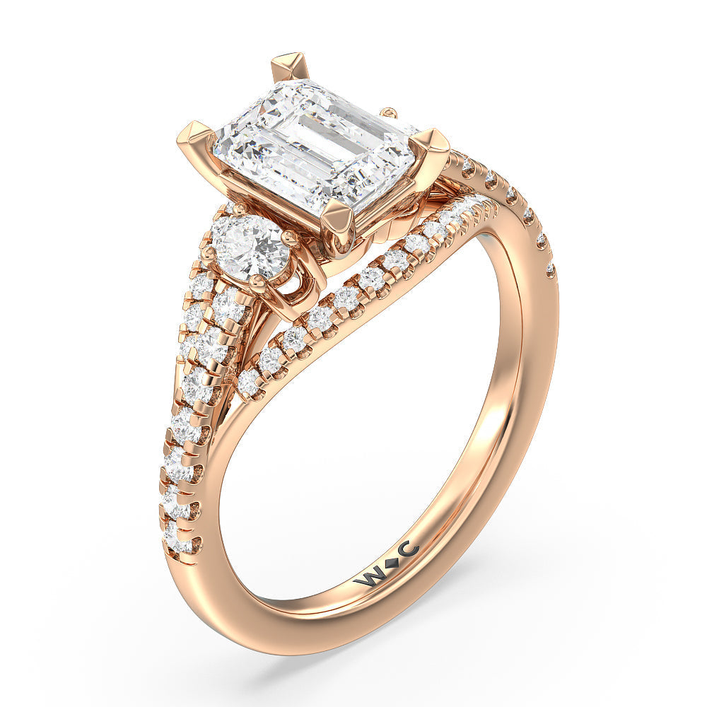 Side Stone Bridge Accent Engagement Ring with Emerald Cut Diamond in 14KT Rose Gold view 3
