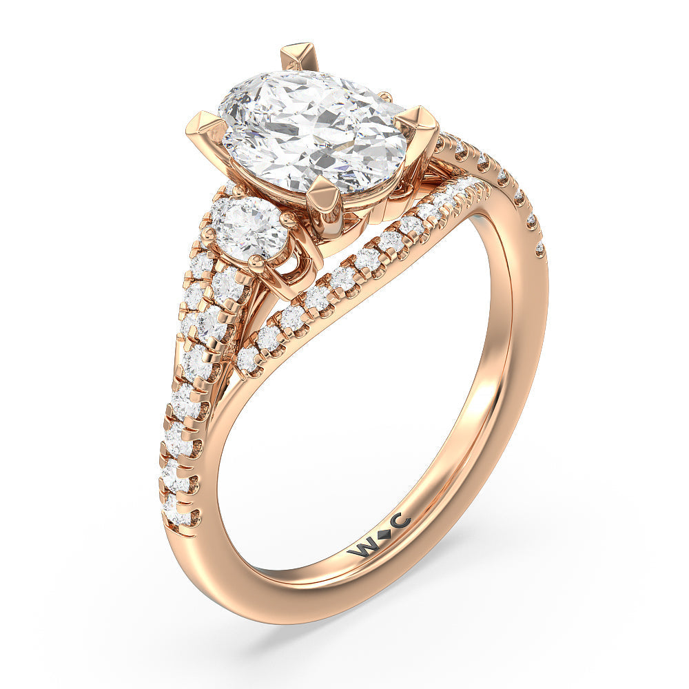 Side Stone Bridge Accent Engagement Ring with Oval Cut Diamond in 14KT Rose Gold view 3
