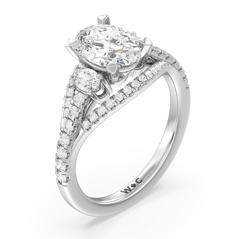 Side Stone Bridge Accent Engagement Ring with Oval Cut Diamond in 14KT Platinum view 3
