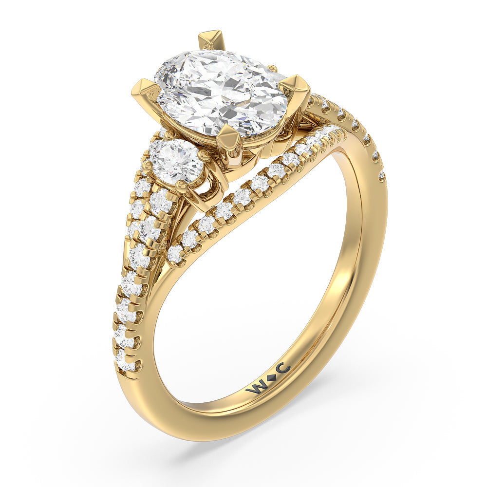 Side Stone Bridge Accent Engagement Ring with Oval Cut Diamond in 14KT Yellow Gold view 3
