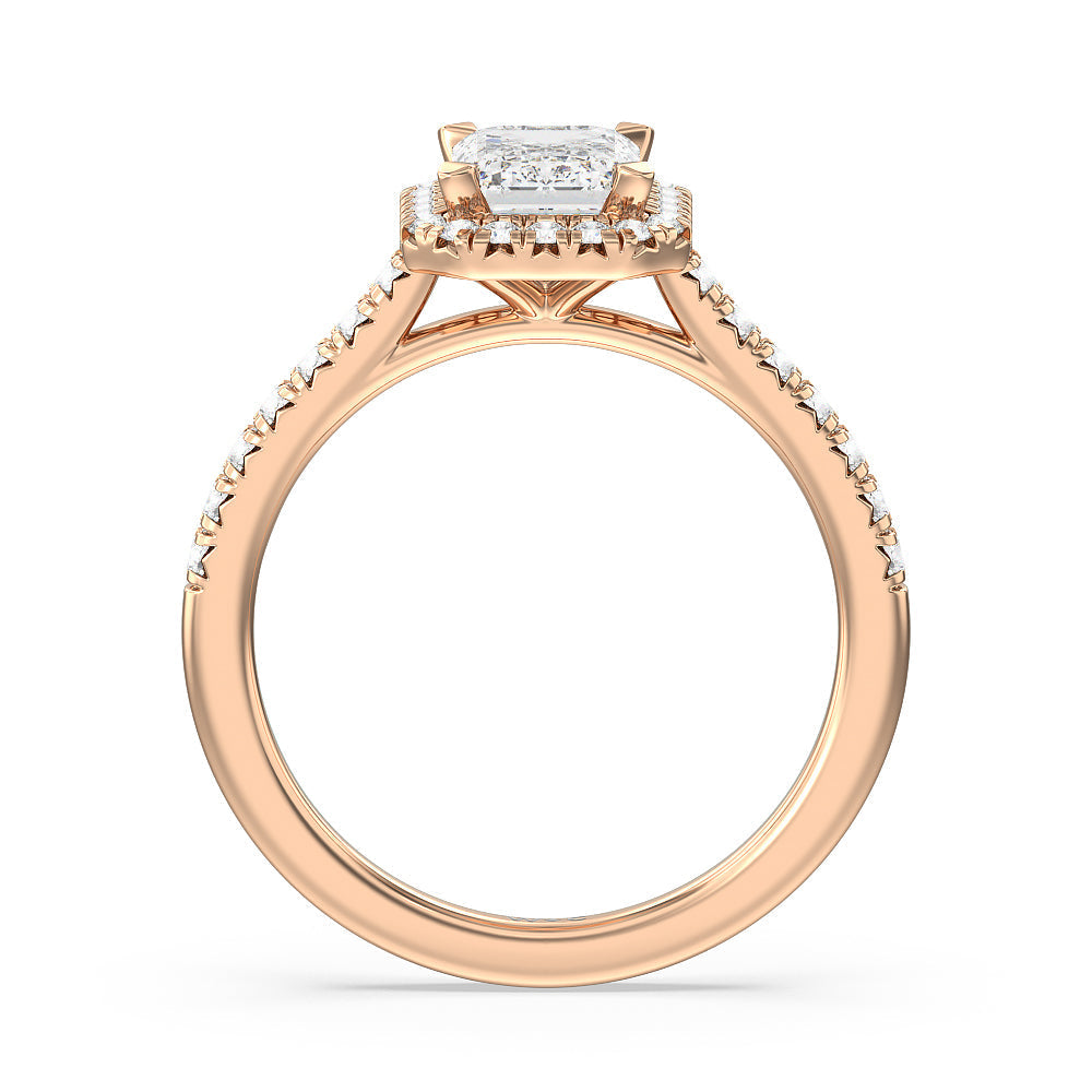 Halo Cathedral Studded Engagement Ring with Emerald Cut Diamond in 14KT Rose Gold view 2
