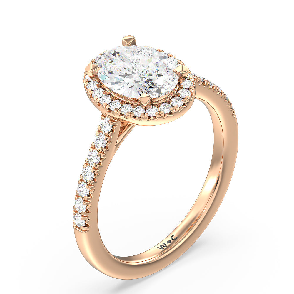 Halo Cathedral Studded Engagement Ring with Oval Cut Diamond in 14KT Rose Gold view 3
