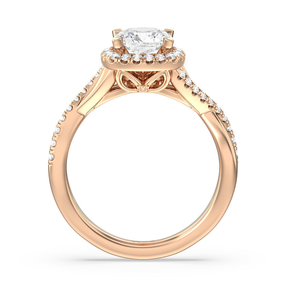 Crossover Split Cathedral Halo Engagement Ring with Cushion Cut Diamond in 14KT Rose Gold view 2
