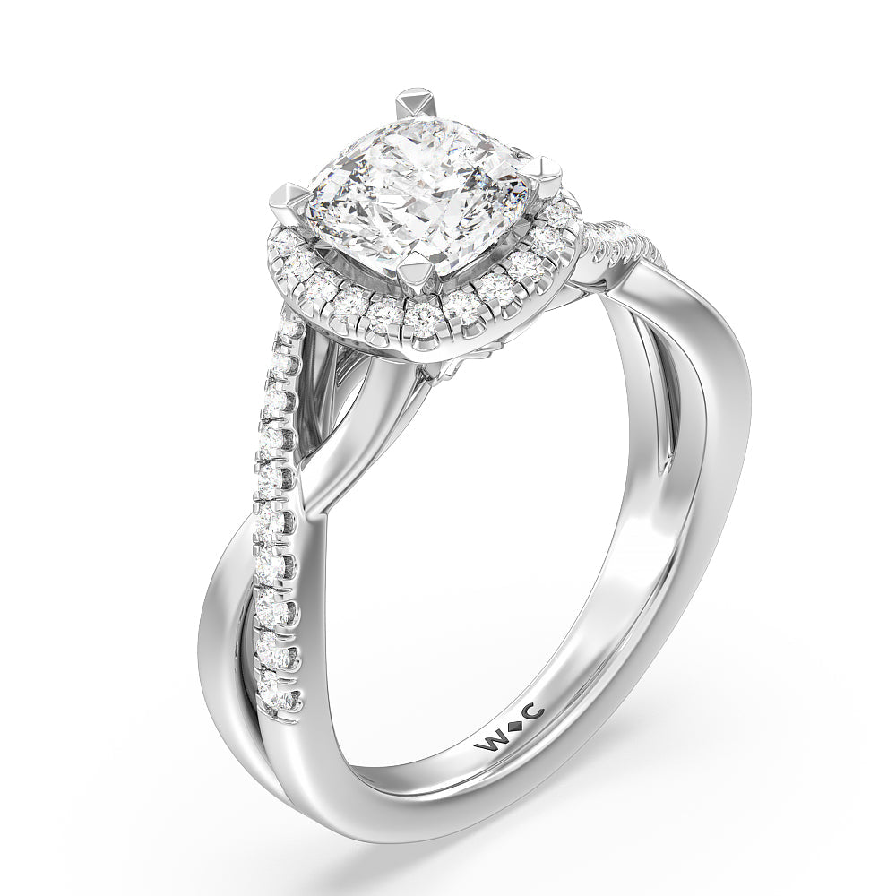 Crossover Split Cathedral Halo Engagement Ring with Cushion Cut Diamond in 14KT Platinum view 3
