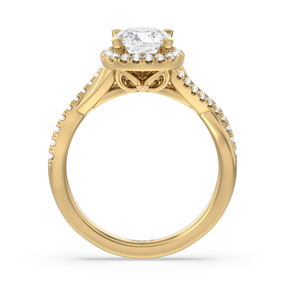 Crossover Split Cathedral Halo Engagement Ring with Cushion Cut Diamond in 14KT Yellow Gold view 2
