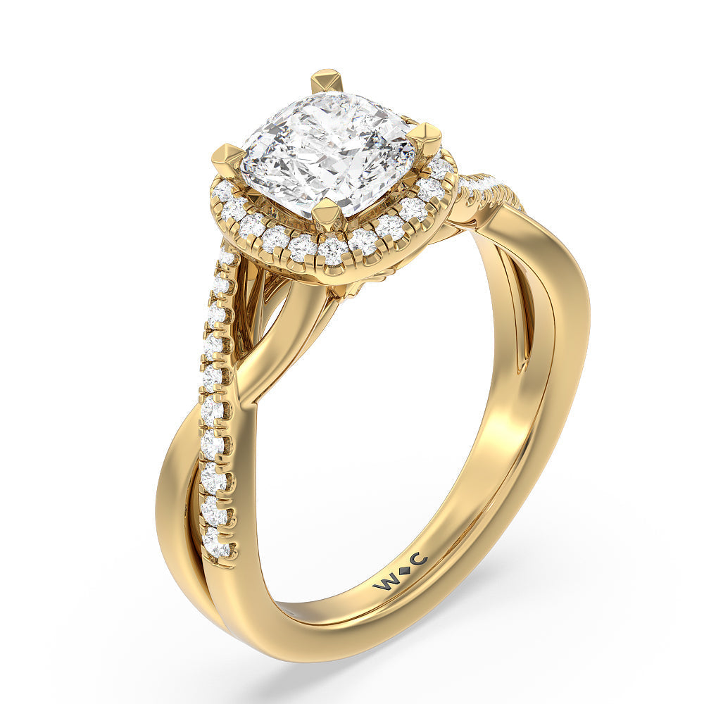 Cushion Cut Crossover Split Cathedral Halo Engagement Ring with Lab Grown Diamond in 14KT Yellow Gold view 3
