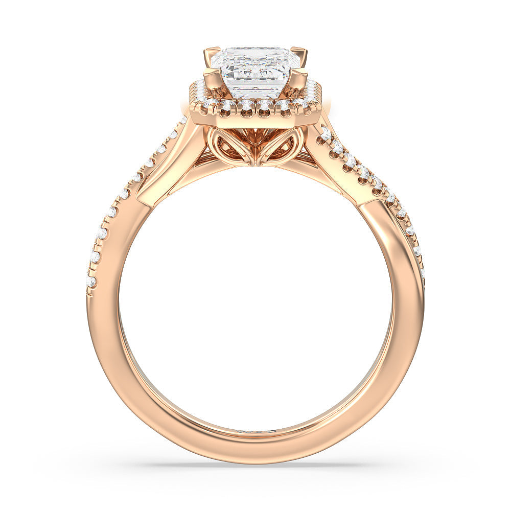 Emerald Cut Crossover Split Cathedral Halo Engagement Ring with Lab Grown Diamond in 14KT Rose Gold view 2
