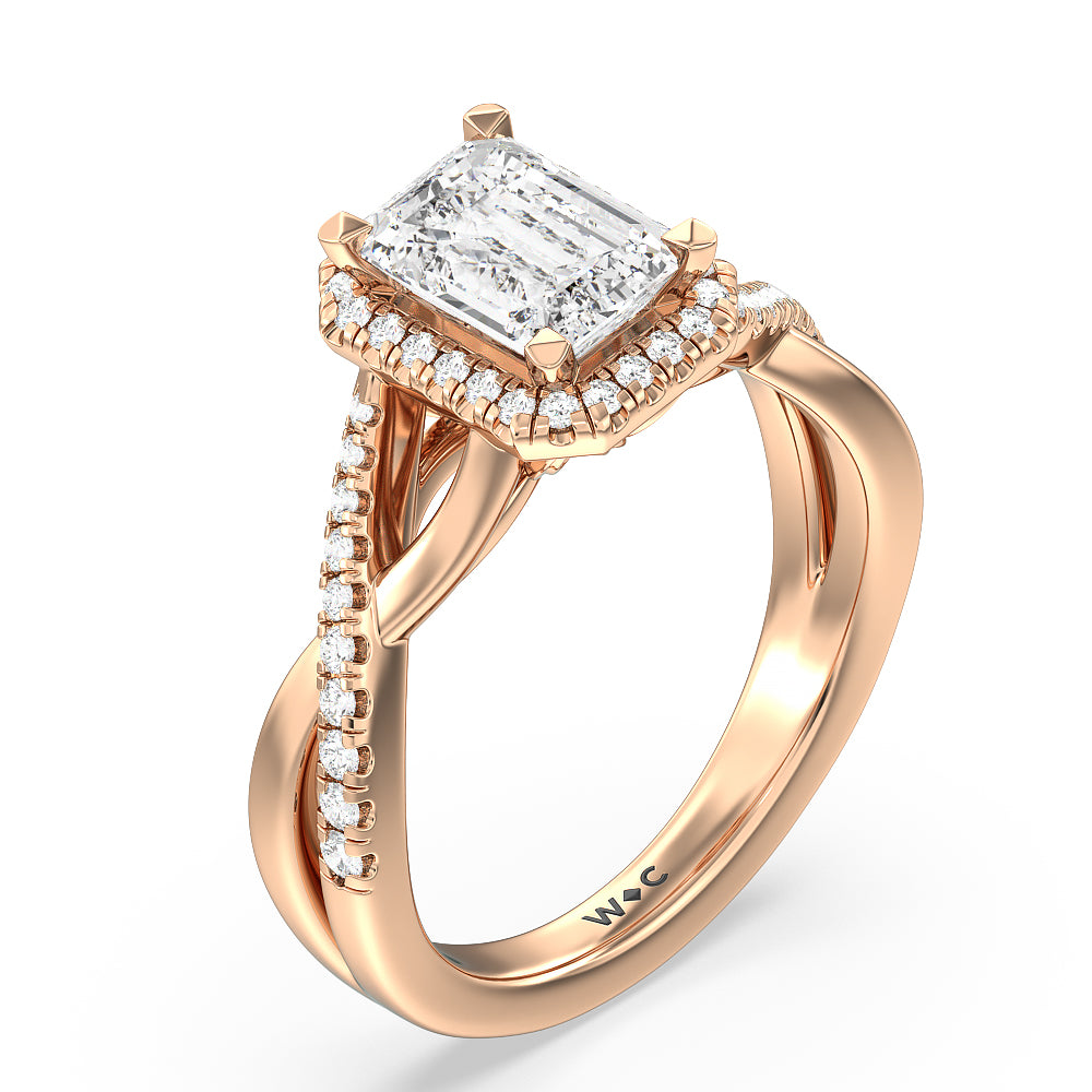 Emerald Cut Crossover Split Cathedral Halo Engagement Ring with Lab Grown Diamond in 14KT Rose Gold view 3
