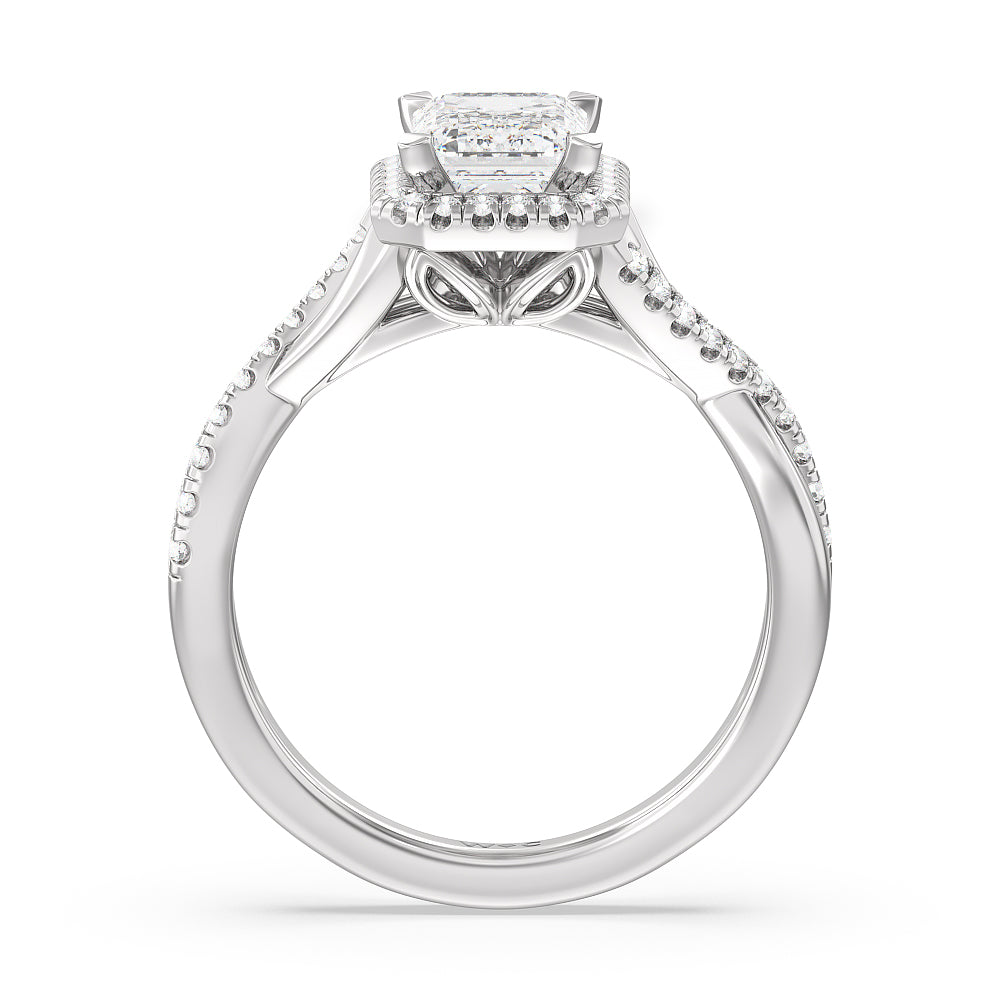 Emerald Cut Crossover Split Cathedral Halo Engagement Ring with Lab Grown Diamond in 14KT Platinum view 2
