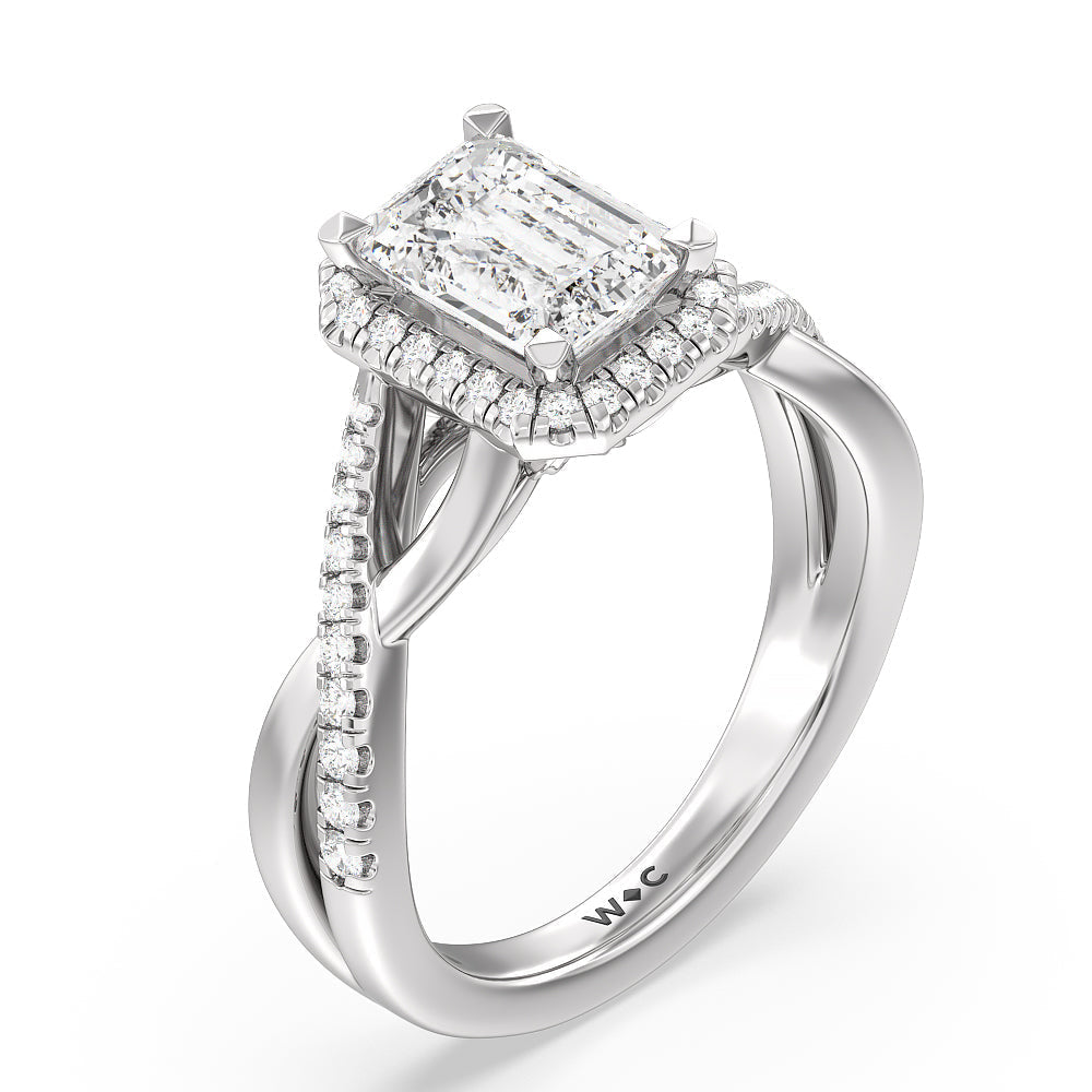 Emerald Cut Crossover Split Cathedral Halo Engagement Ring with Lab Grown Diamond in 14KT Platinum view 3
