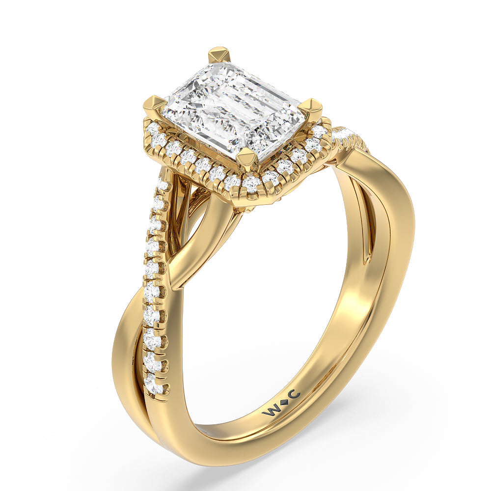 Emerald Cut Crossover Split Cathedral Halo Engagement Ring with Lab Grown Diamond in 14KT Yellow Gold view 3
