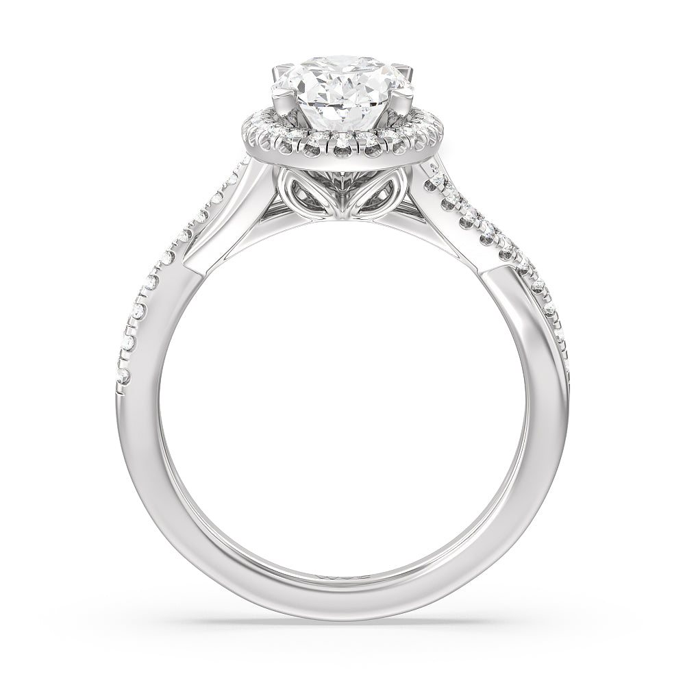 Crossover Split Cathedral Halo Engagement Ring with Oval Cut Diamond in 14KT Platinum view 2
