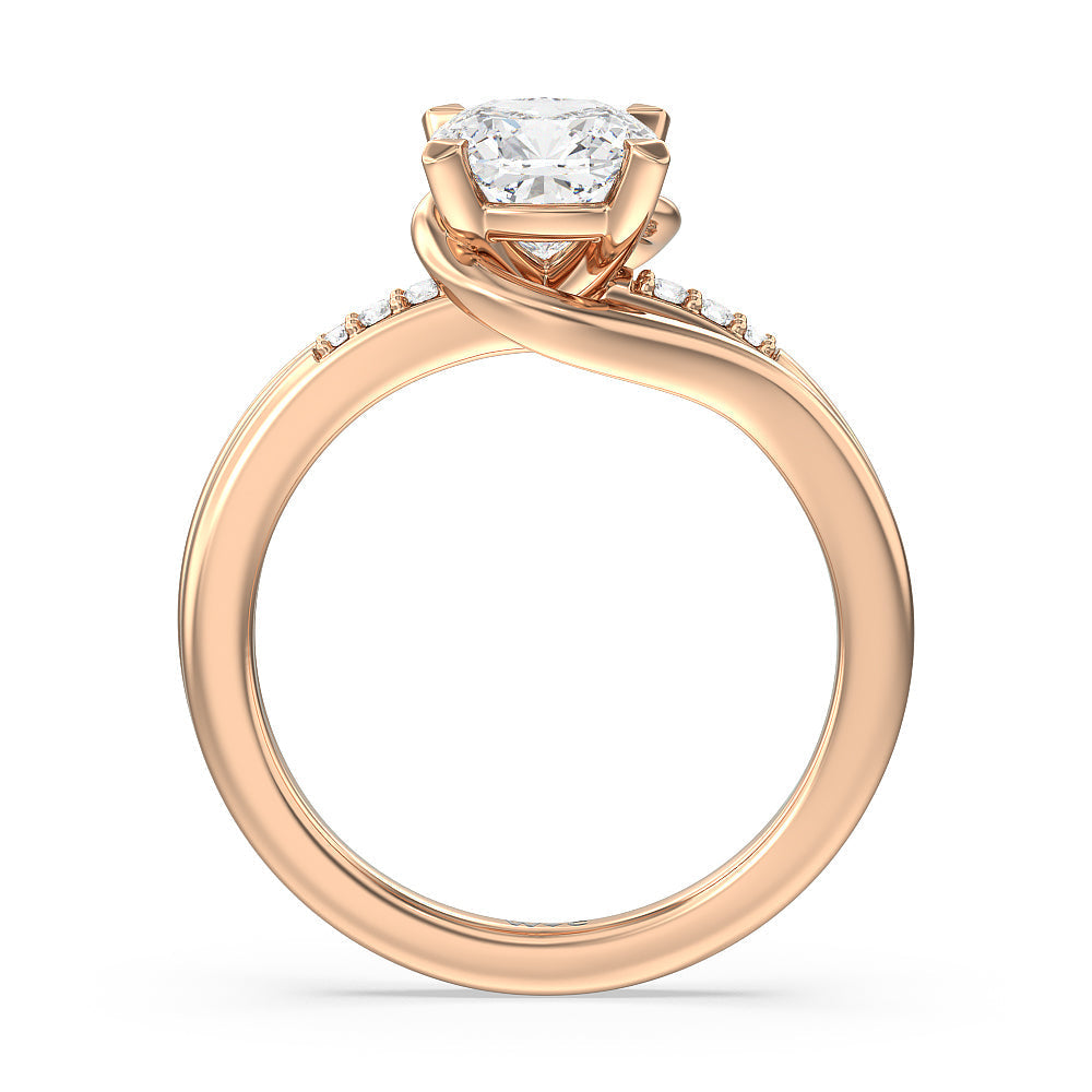 Crossover Arm Studded Shank Engagement Ring with Cushion Cut Diamond in 14KT Rose Gold view 2
