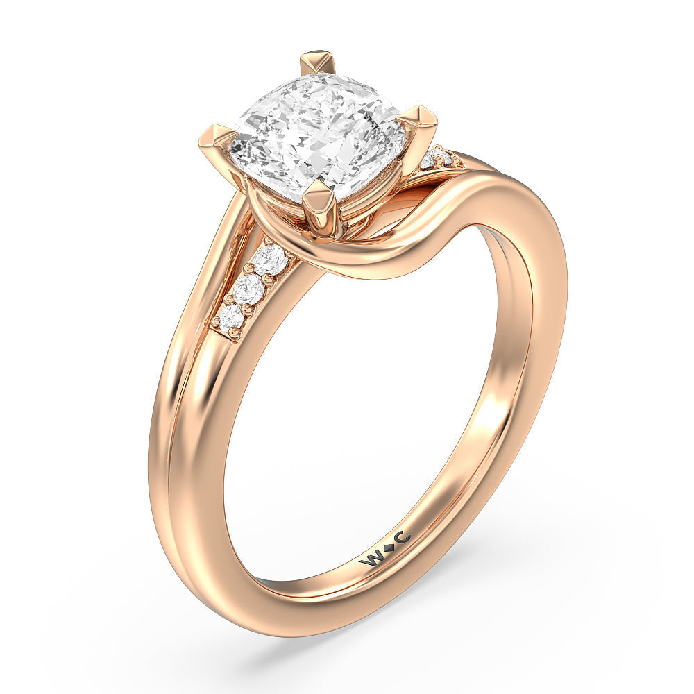 Crossover Arm Studded Shank Engagement Ring with Cushion Cut Diamond in 14KT Rose Gold view 3

