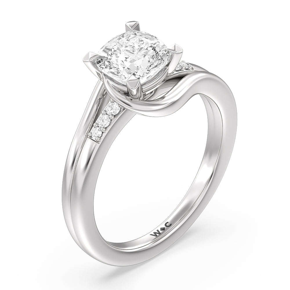 Crossover Arm Studded Shank Engagement Ring with Cushion Cut Diamond in 14KT Platinum view 3
