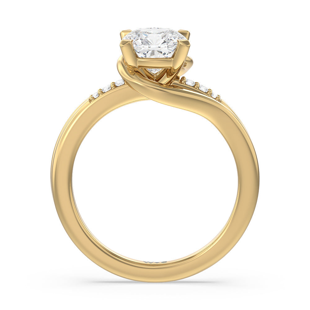 Crossover Arm Studded Shank Engagement Ring with Cushion Cut Diamond in 14KT Yellow Gold view 2
