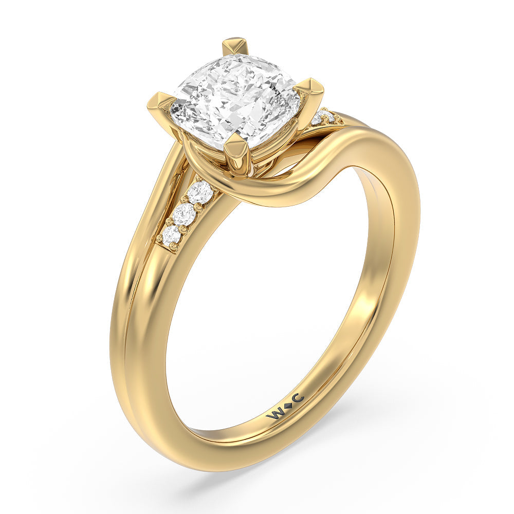 Crossover Arm Studded Shank Engagement Ring with Cushion Cut Diamond in 14KT Yellow Gold view 3
