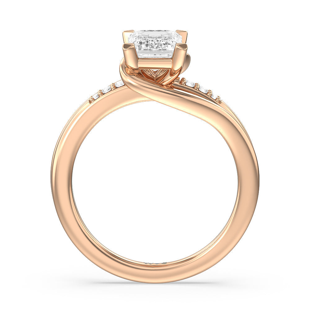 Crossover Arm Studded Shank Engagement Ring with Emerald Cut Diamond in 14KT Rose Gold view 2
