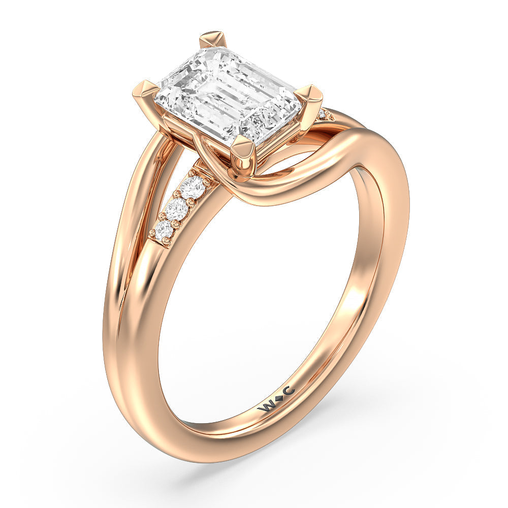 Crossover Arm Studded Shank Engagement Ring with Emerald Cut Diamond in 14KT Rose Gold view 3

