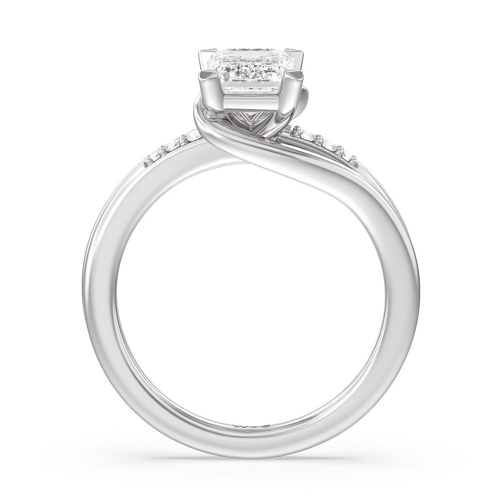Crossover Arm Studded Shank Engagement Ring with Emerald Cut Diamond in 14KT Platinum view 2
