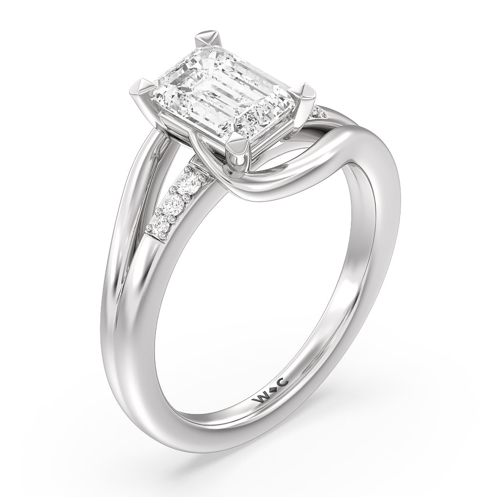 Crossover Arm Studded Shank Engagement Ring with Emerald Cut Diamond in 14KT Platinum view 3
