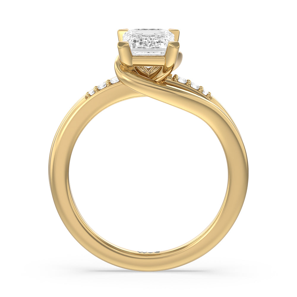 Crossover Arm Studded Shank Engagement Ring with Emerald Cut Diamond in 14KT Yellow Gold view 2

