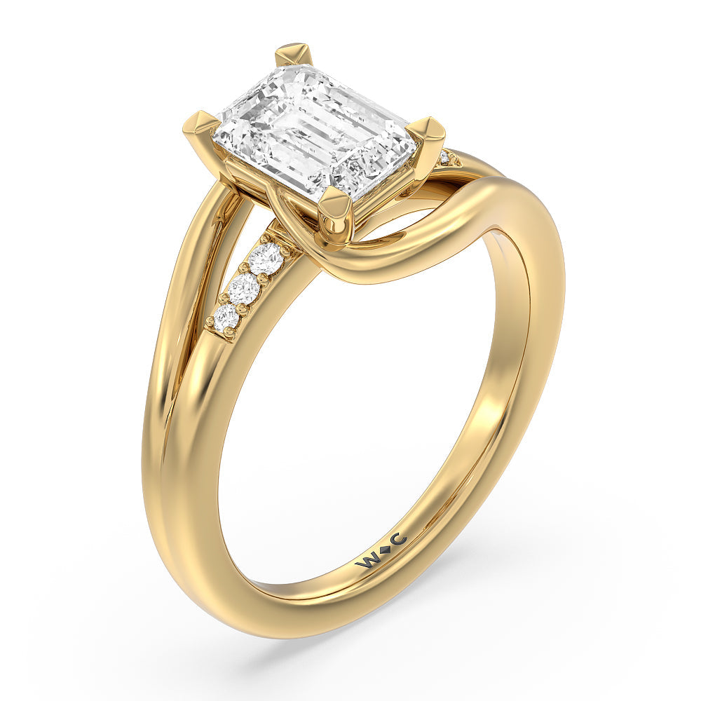 Crossover Arm Studded Shank Engagement Ring with Emerald Cut Diamond in 14KT Yellow Gold view 3
