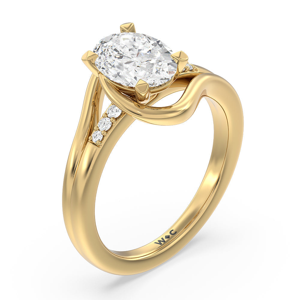 Crossover Arm Studded Shank Engagement Ring with Oval Cut Diamond in 14KT Yellow Gold view 3

