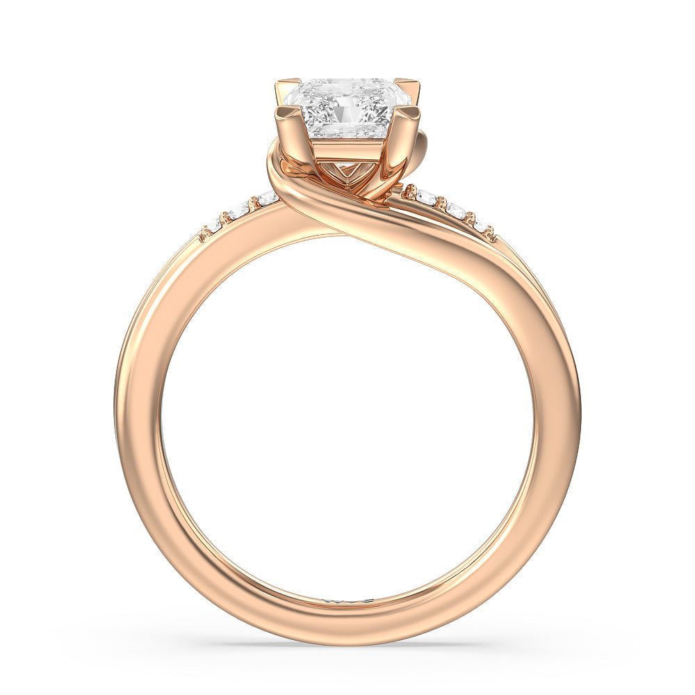 Crossover Arm Studded Shank Engagement Ring with Radiant Cut Diamond in 14KT Rose Gold view 2
