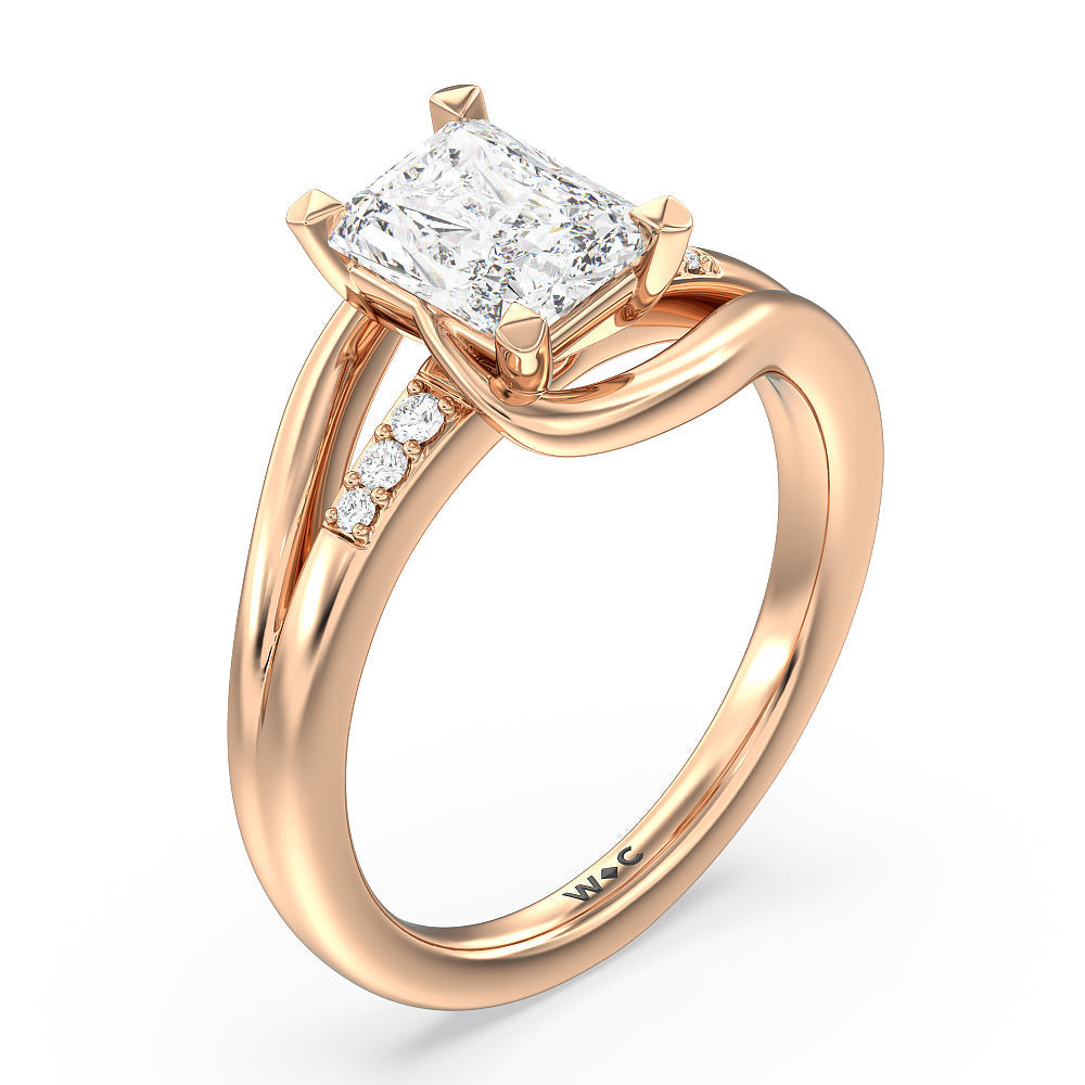 Crossover Arm Studded Shank Engagement Ring with Radiant Cut Diamond in 14KT Rose Gold view 3
