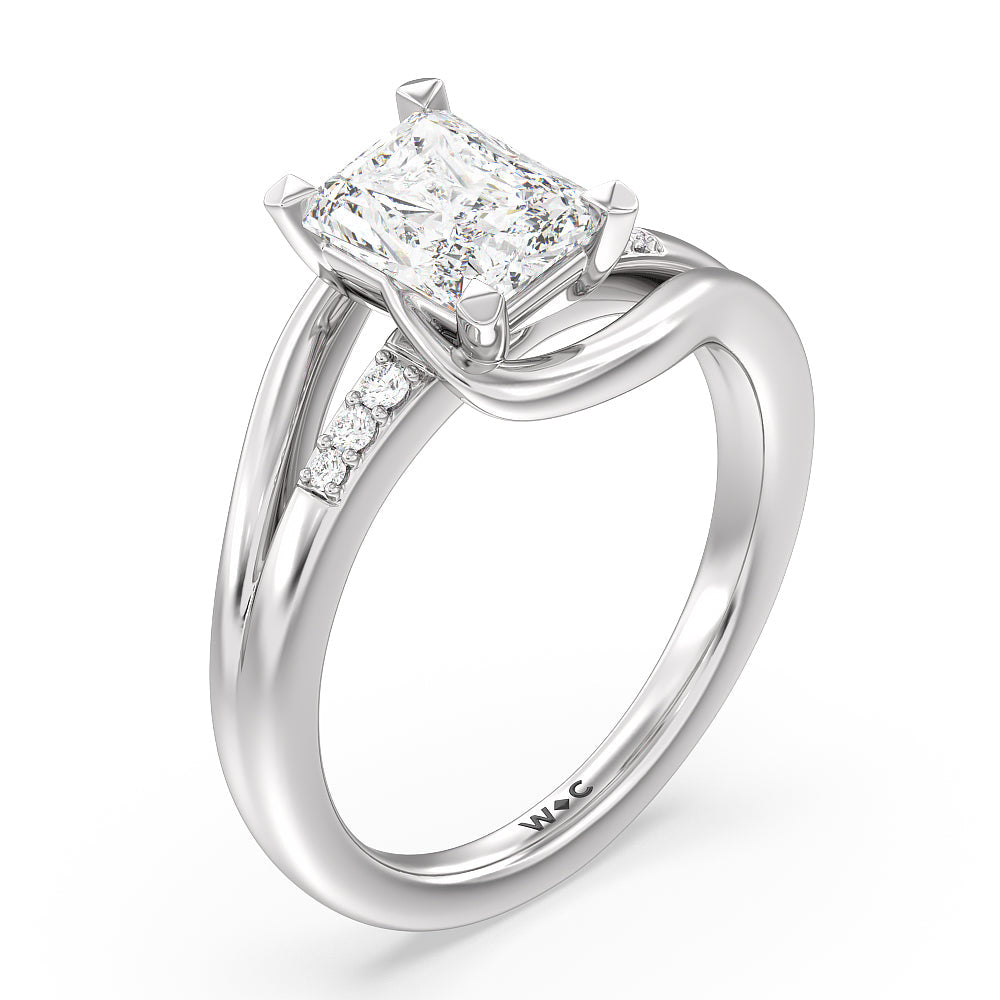 Crossover Arm Studded Shank Engagement Ring with Radiant Cut Diamond in 14KT Platinum view 3
