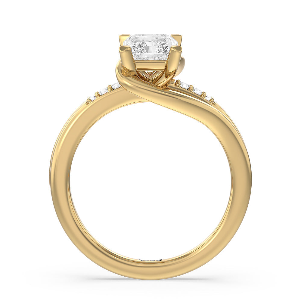 Crossover Arm Studded Shank Engagement Ring with Radiant Cut Diamond in 14KT Yellow Gold view 2

