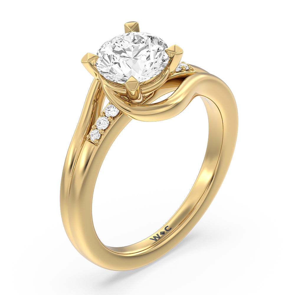 Crossover Arm Studded Shank Engagement Ring with Round Cut Diamond in 14KT Yellow Gold view 3

