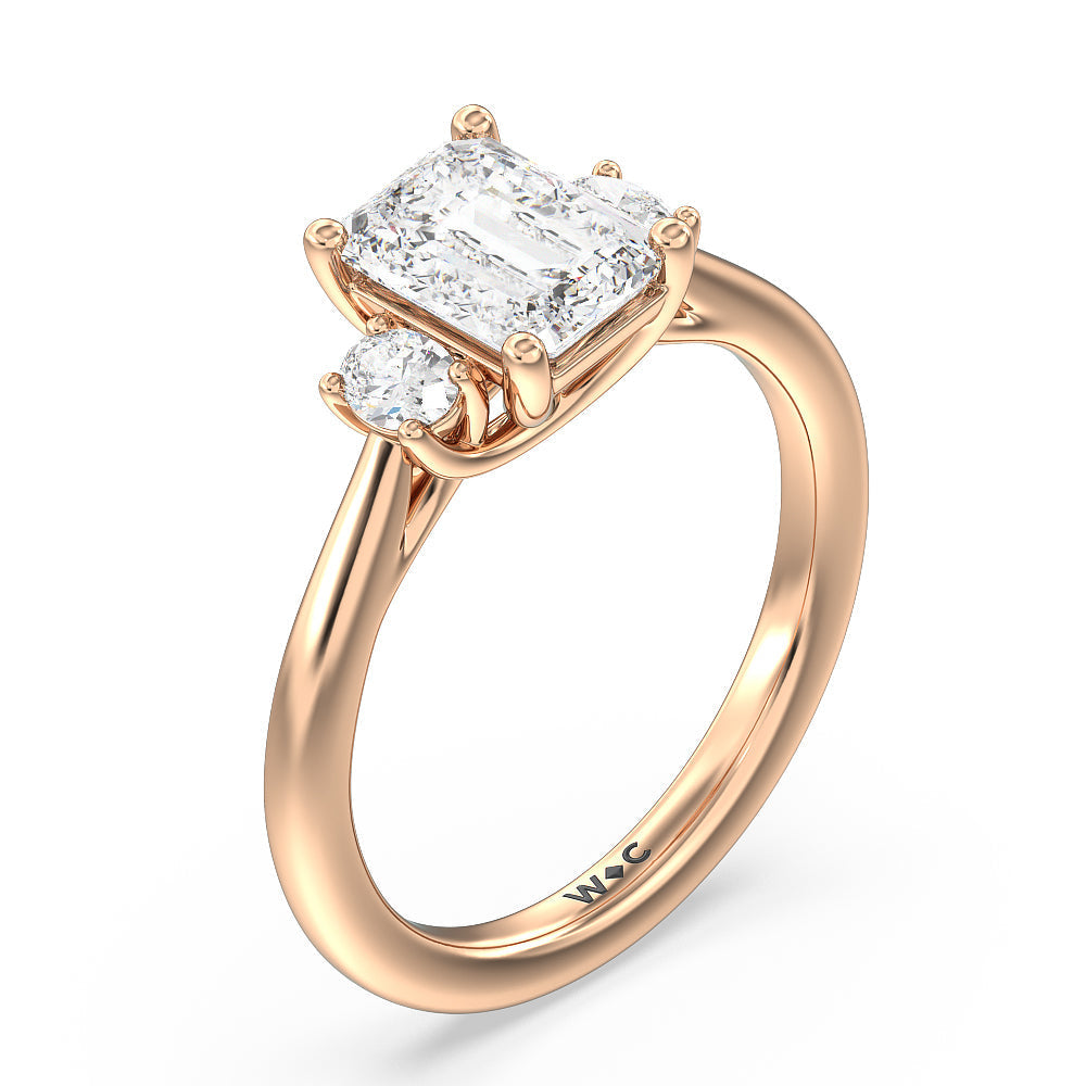 Classic Oval Side Stone In Trellis Basket Engagement Ring with Emerald Cut Diamond in 14KT Rose Gold view 3
