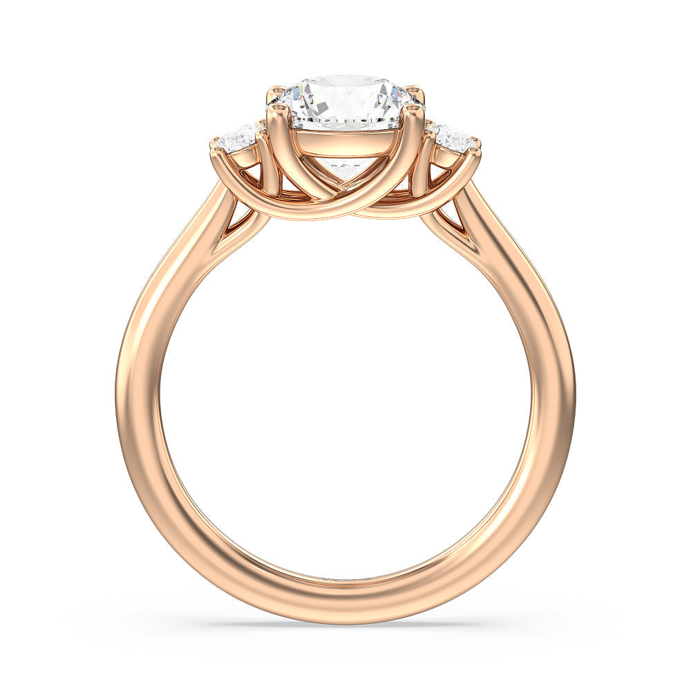 Classic Oval Side Stone In Trellis Basket Engagement Ring with Round Cut Diamond in 14KT Rose Gold view 2
