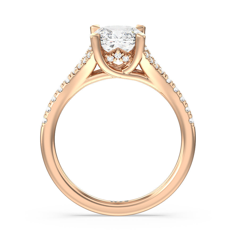 Studded Cathedral Split Shank Engagement Ring with Cushion Cut Diamond in 14KT Rose Gold view 2
