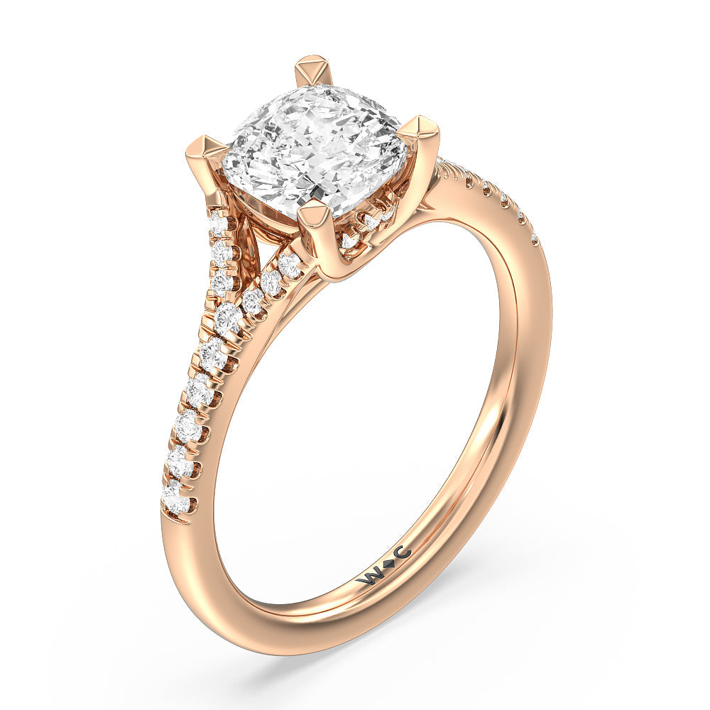 Studded Cathedral Split Shank Engagement Ring with Cushion Cut Diamond in 14KT Rose Gold view 3

