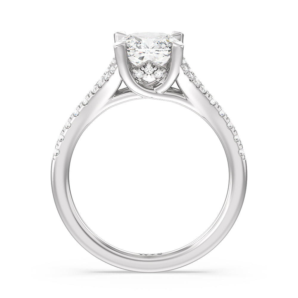 Studded Cathedral Split Shank Engagement Ring with Cushion Cut Diamond in 14KT Platinum view 2
