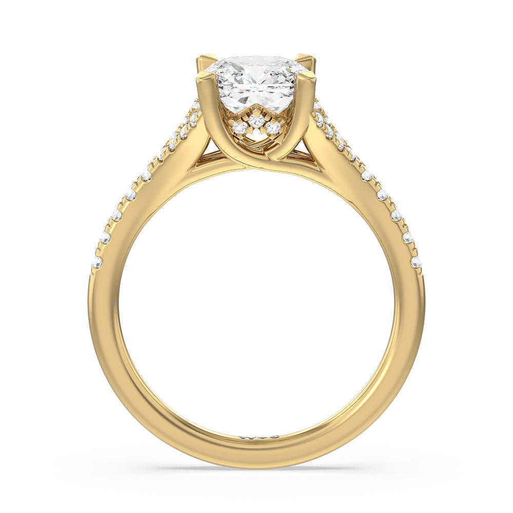 Studded Cathedral Split Shank Engagement Ring with Cushion Cut Diamond in 14KT Yellow Gold view 2
