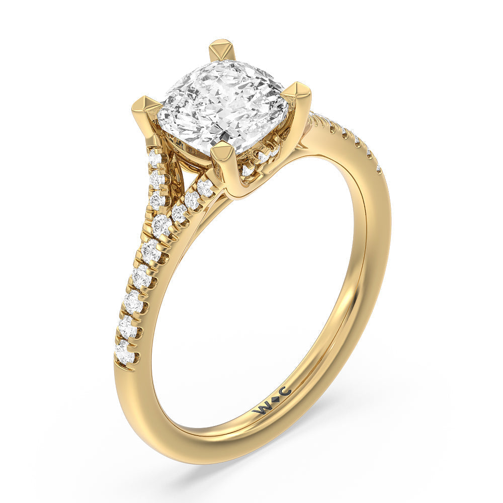Studded Cathedral Split Shank Engagement Ring with Cushion Cut Diamond in 14KT Yellow Gold view 3
