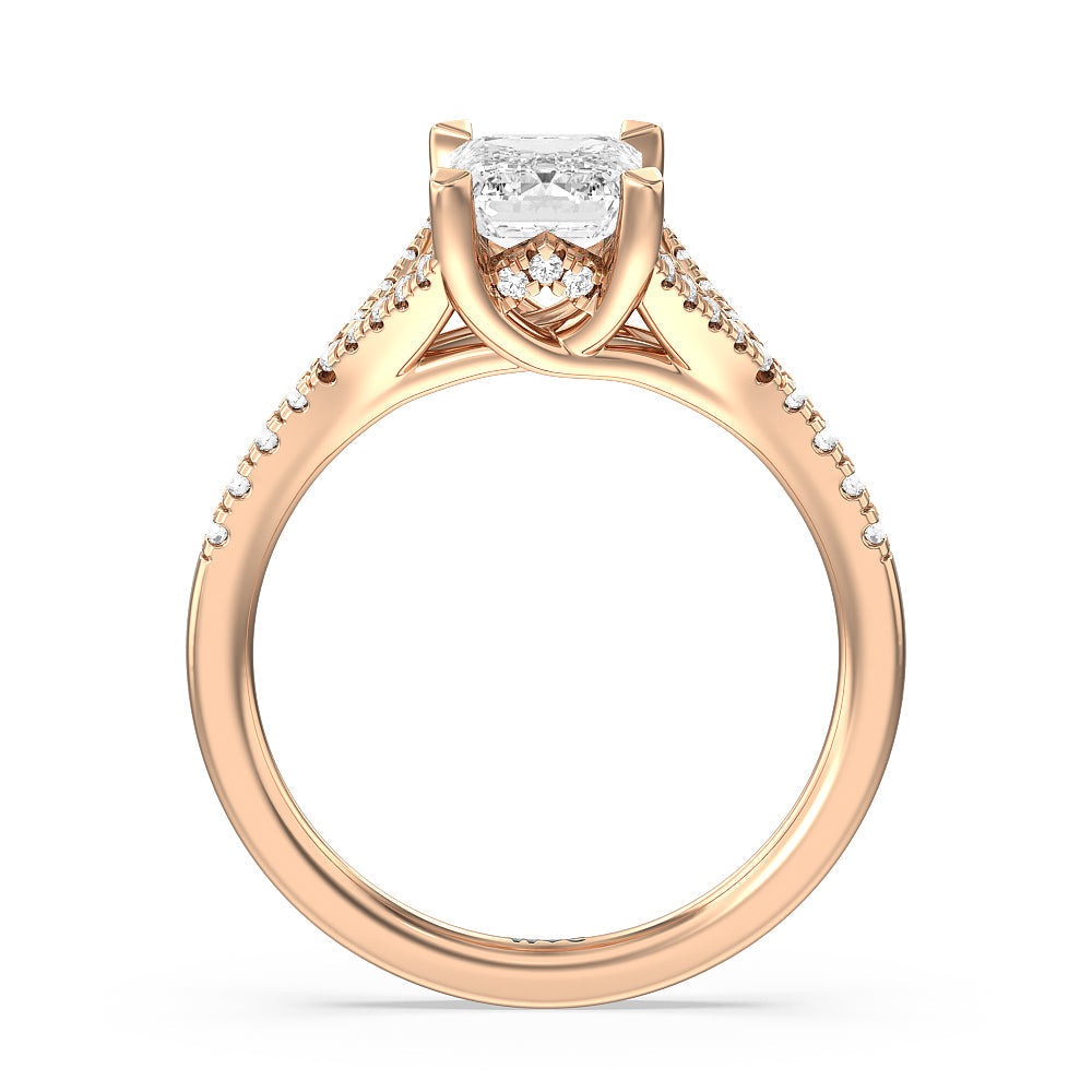 Studded Cathedral Split Shank Engagement Ring with Emerald Cut Diamond in 14KT Rose Gold view 2

