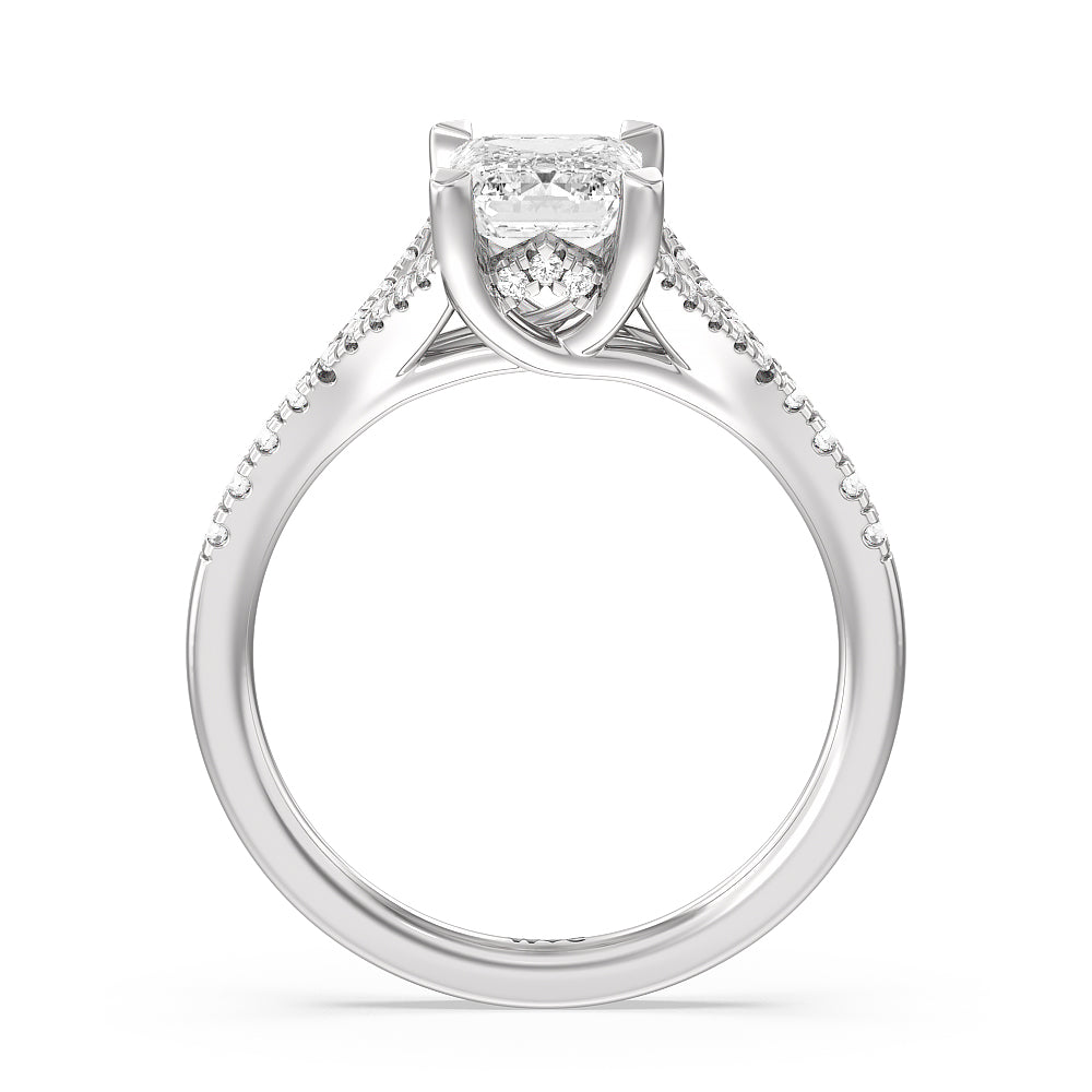 Studded Cathedral Split Shank Engagement Ring with Emerald Cut Diamond in 14KT Platinum view 2
