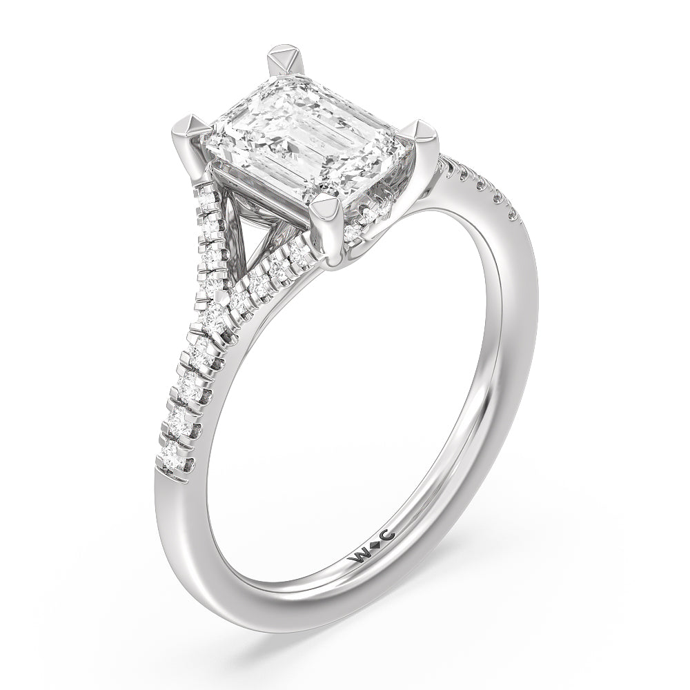 Studded Cathedral Split Shank Engagement Ring with Emerald Cut Diamond in 14KT Platinum view 3
