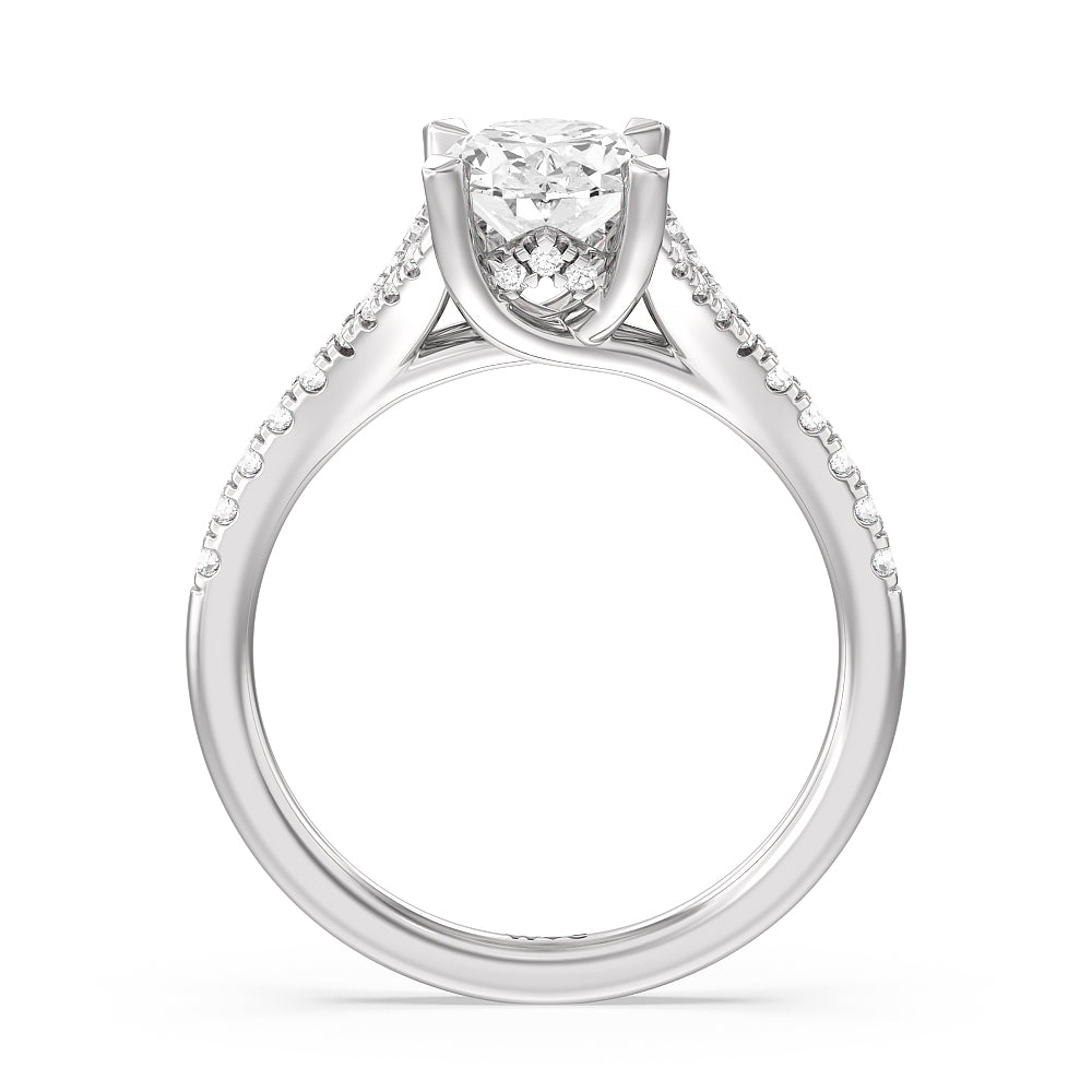 Studded Cathedral Split Shank Engagement Ring with Oval Cut Diamond in 14KT Platinum view 2

