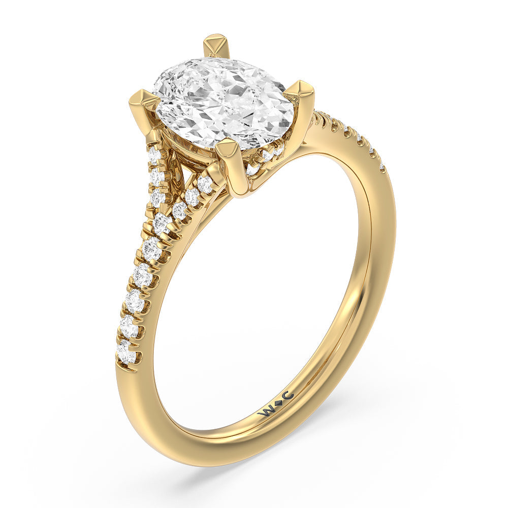 Studded Cathedral Split Shank Engagement Ring with Oval Cut Diamond in 14KT Yellow Gold view 3
