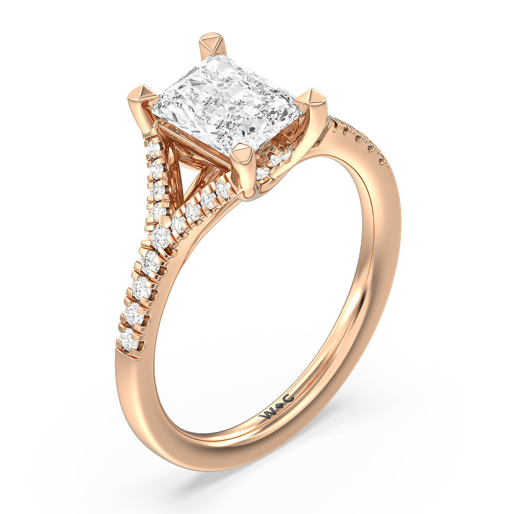 Studded Cathedral Split Shank Engagement Ring with Radiant Cut Diamond in 14KT Rose Gold view 3
