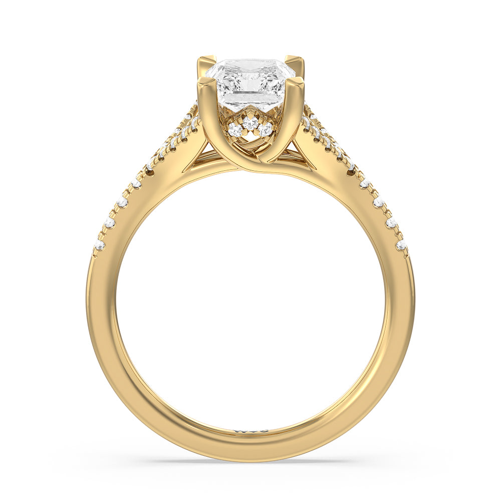 Studded Cathedral Split Shank Engagement Ring with Radiant Cut Diamond in 14KT Yellow Gold view 2
