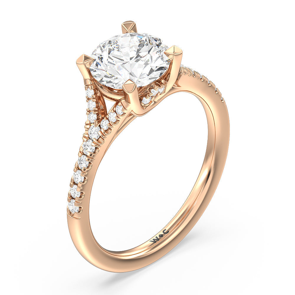Studded Cathedral Split Shank Engagement Ring with Round Cut Diamond in 14KT Rose Gold view 3
