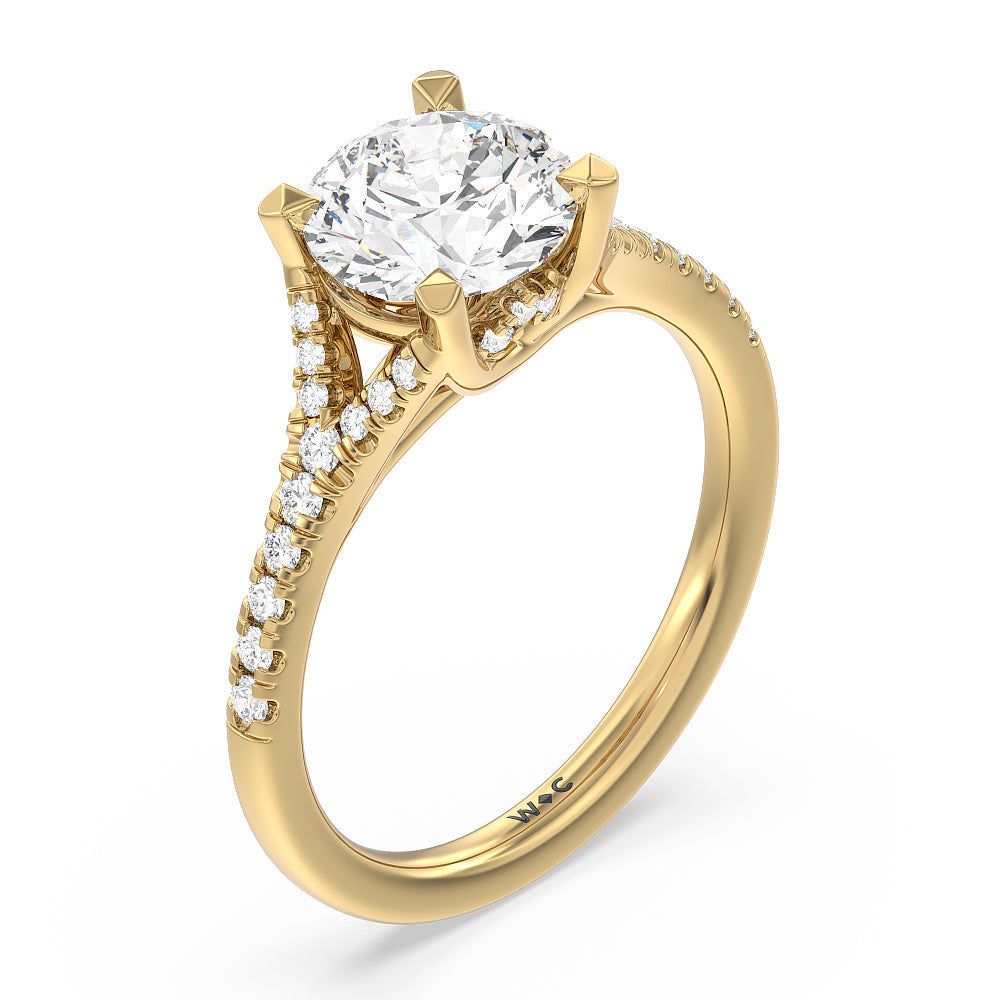 Studded Cathedral Split Shank Engagement Ring with Round Cut Diamond in 14KT Yellow Gold view 3
