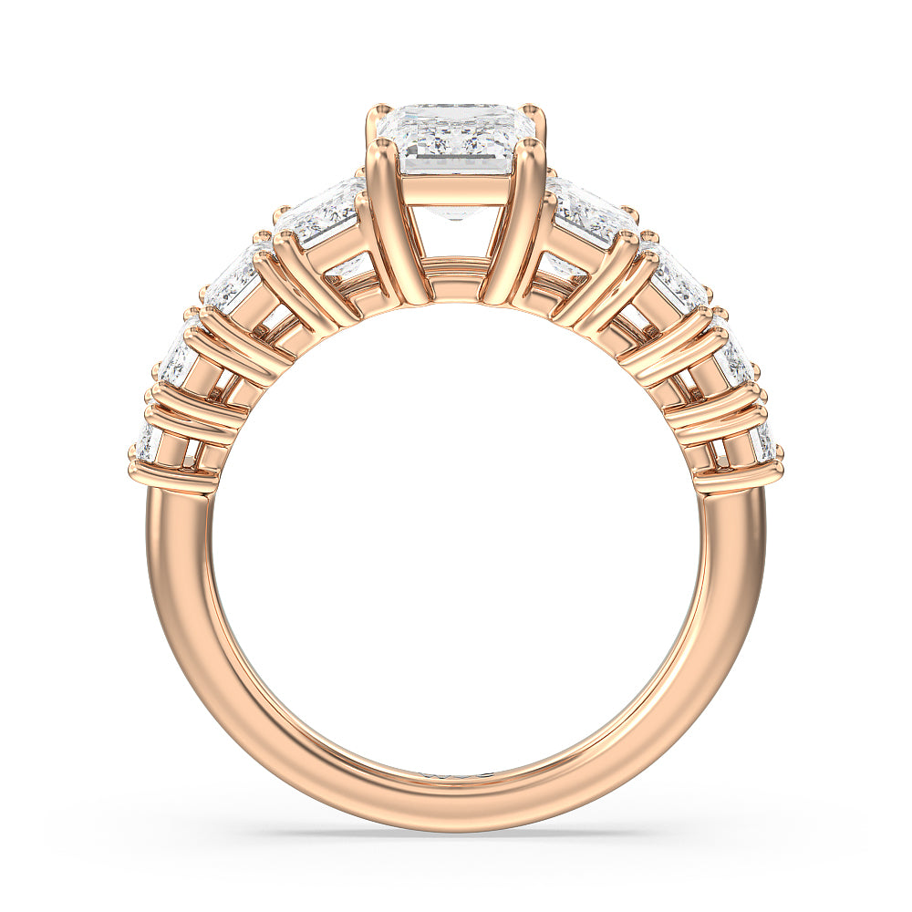 Luxe Emerald Step Side Stone Classic Engagement Ring with Emerald Cut Diamond in 14KT Rose Gold view 2

